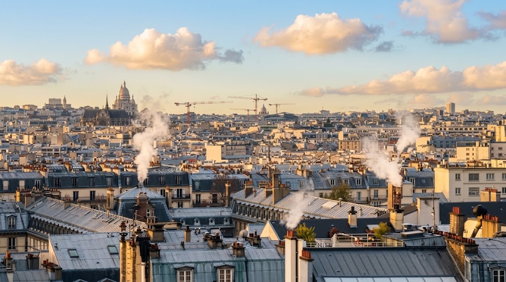 Toits de Paris avec cheminées fumantes